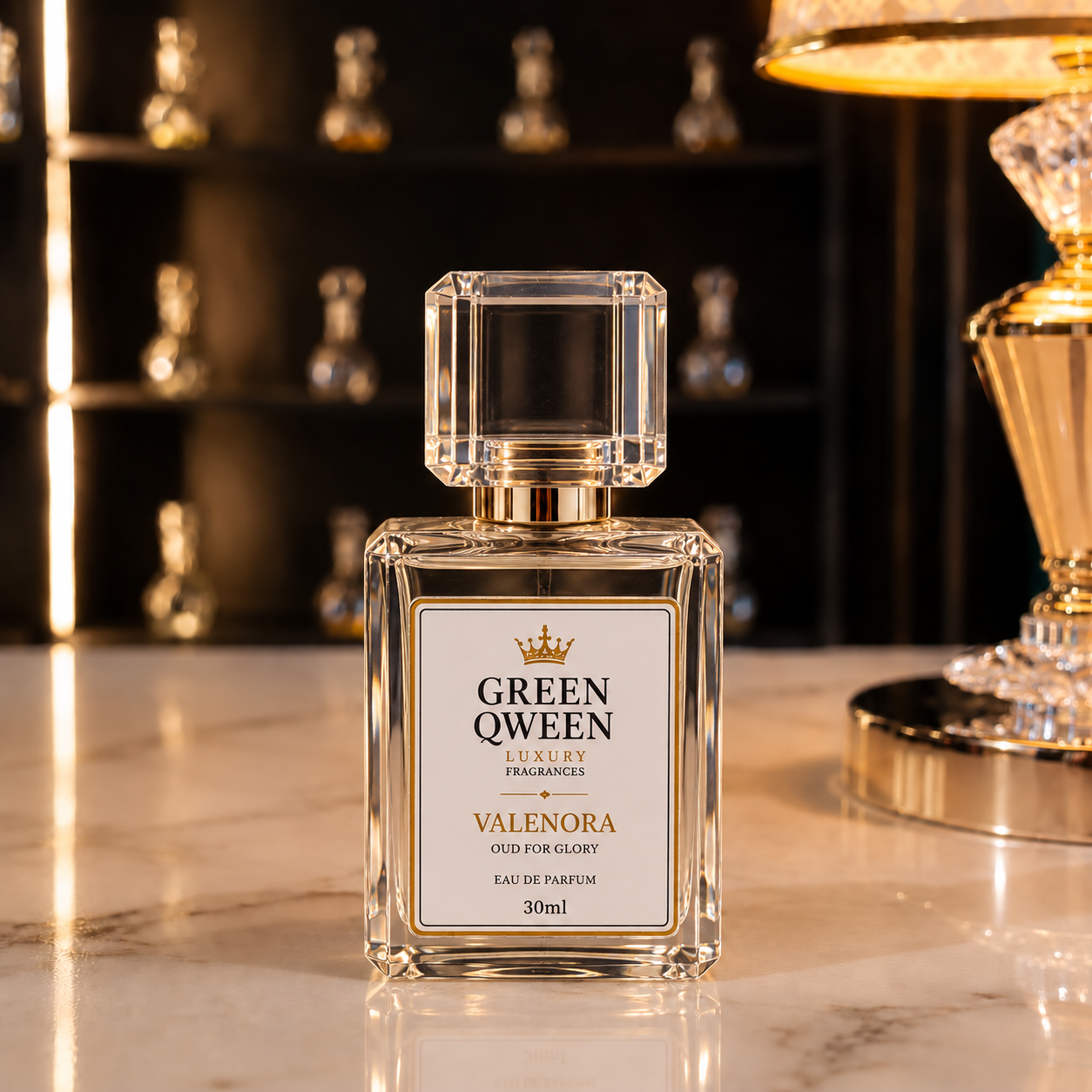 Clear GreenQween women's perfume bottle