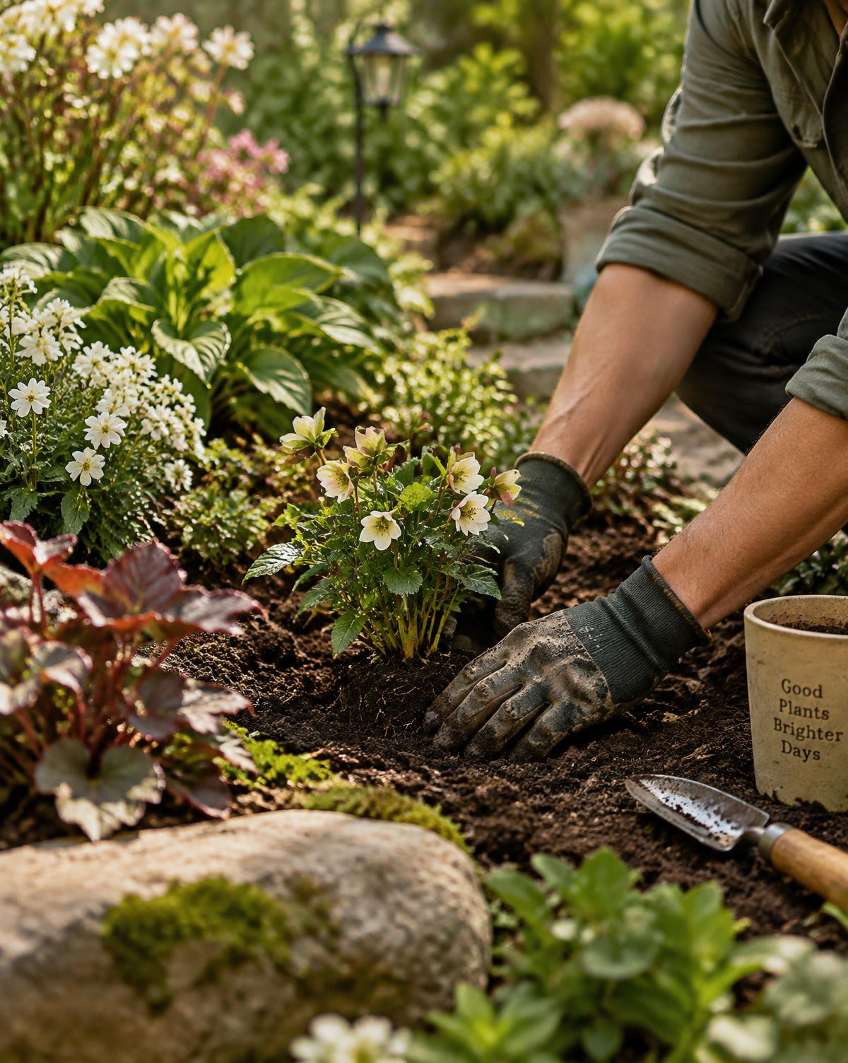 Gardener planting flowering shrubs into a freshly prepared garden bed