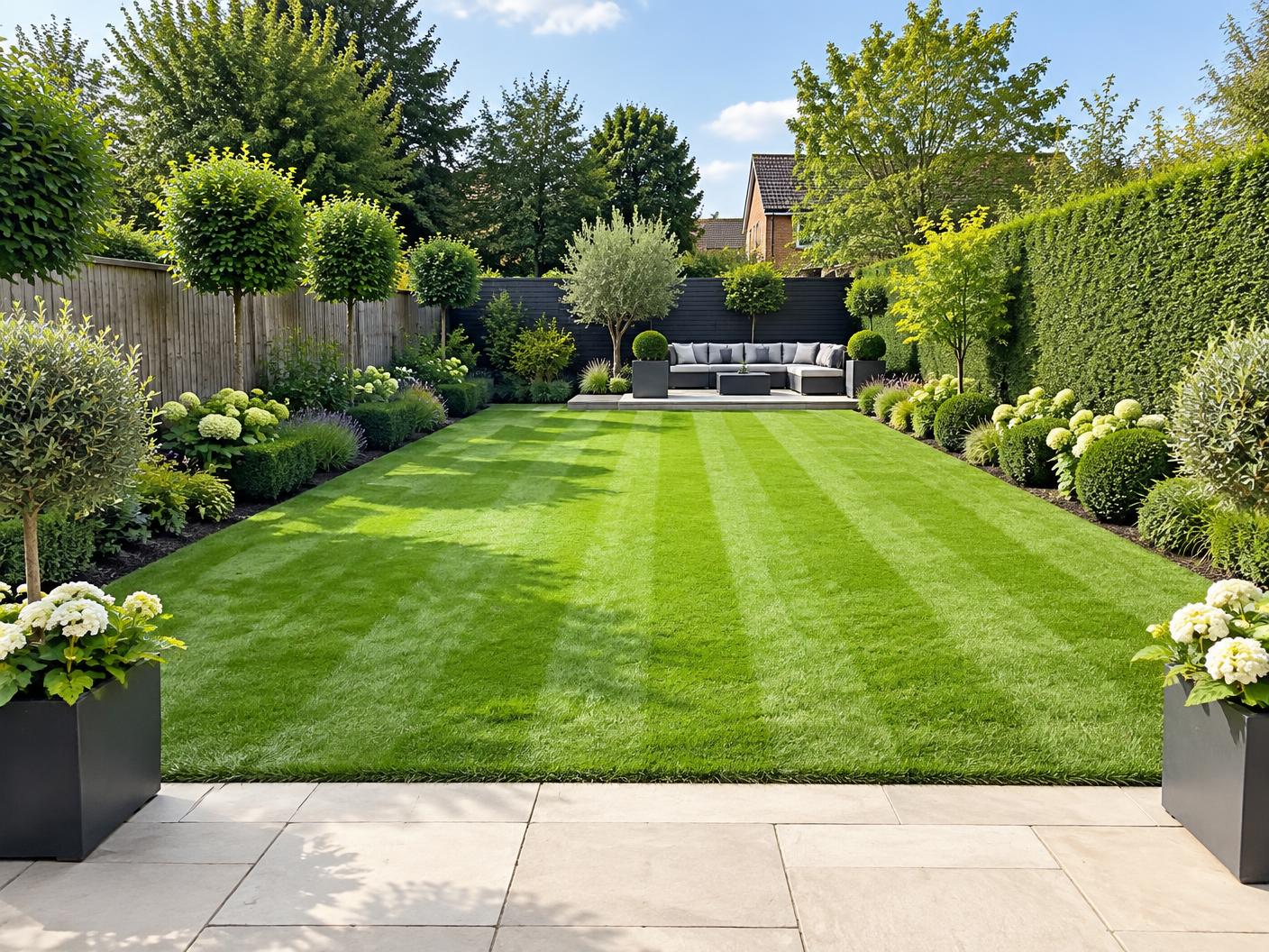 After: a restored garden with a striped lawn, clipped hedges and planted borders