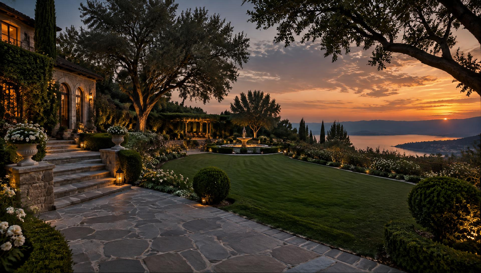 Elegant landscaped garden with stone pathway and lawn at dusk