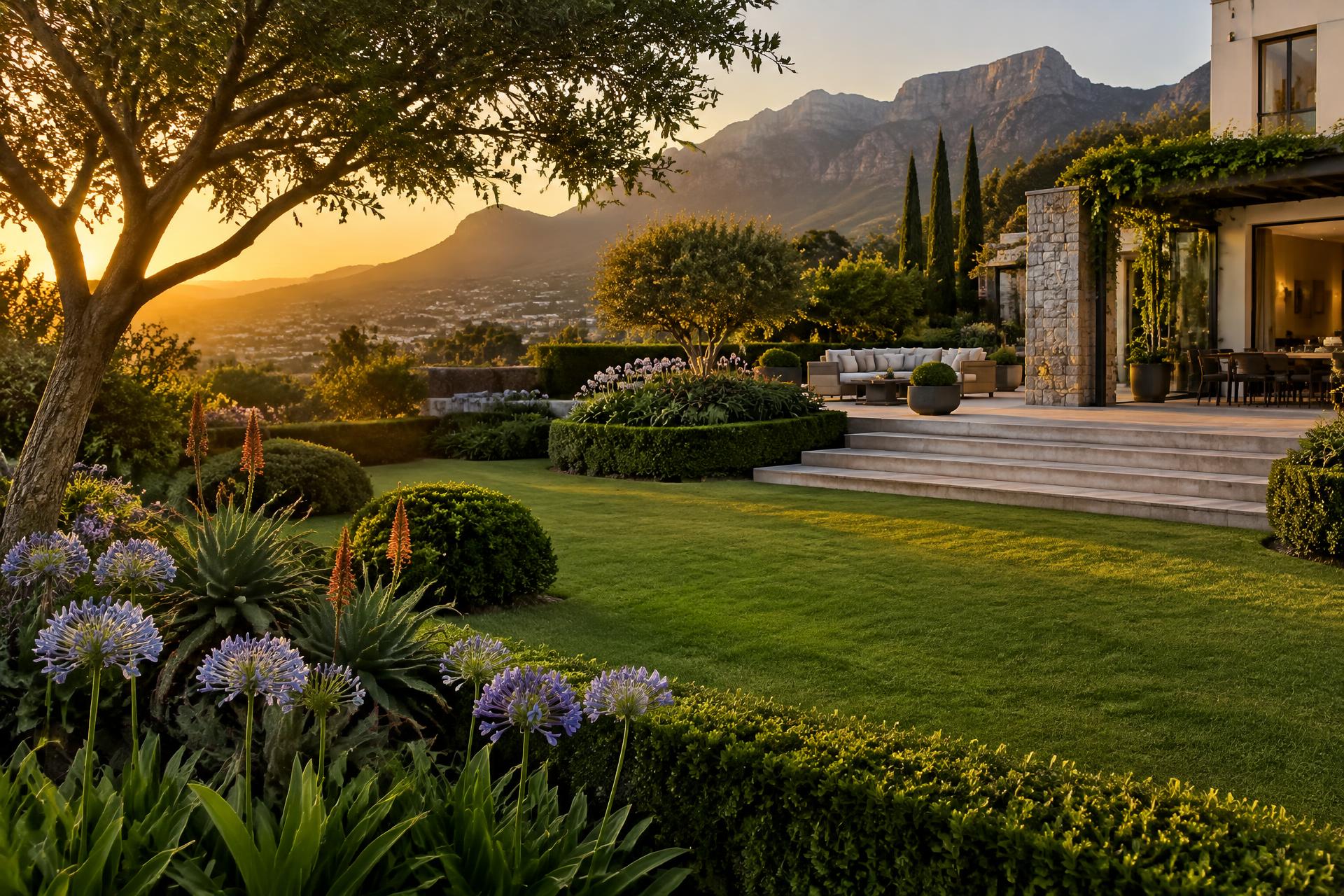 Landscaped residential garden with manicured lawn, indigenous planting and a stone terrace at golden hour