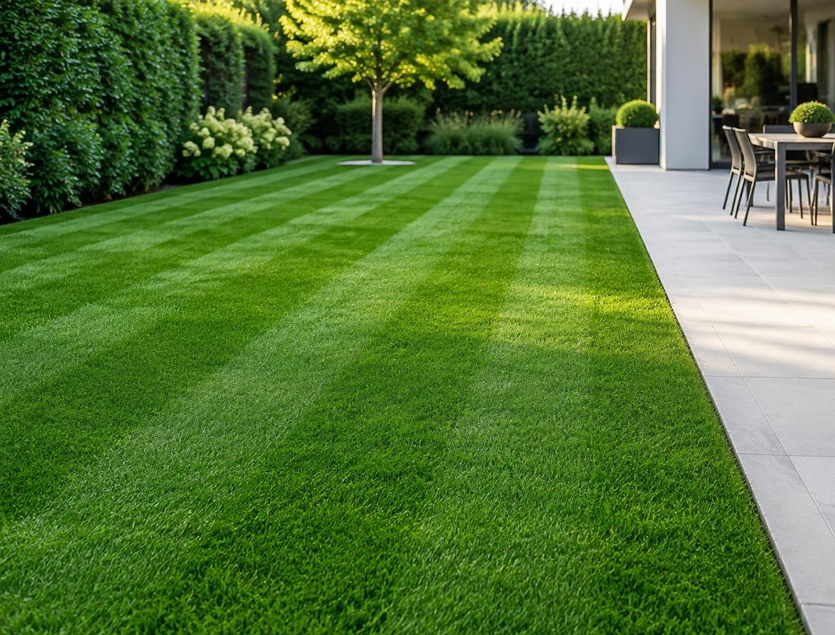 Neatly striped, freshly mown lawn beside a paved terrace