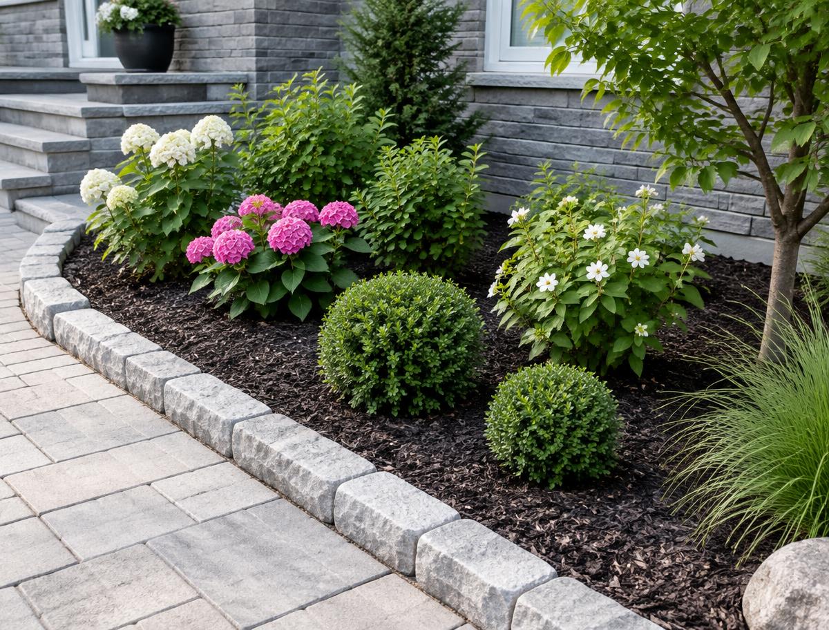 Freshly planted garden bed with mulch, shrubs and a stone edge