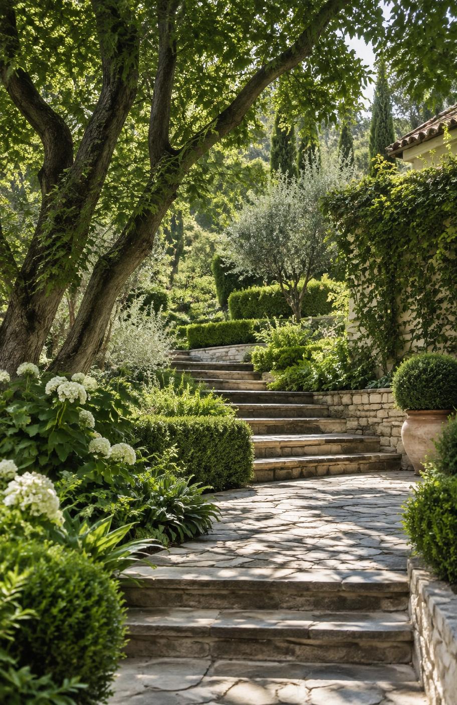 Stone garden path winding between lush planting and clipped hedges