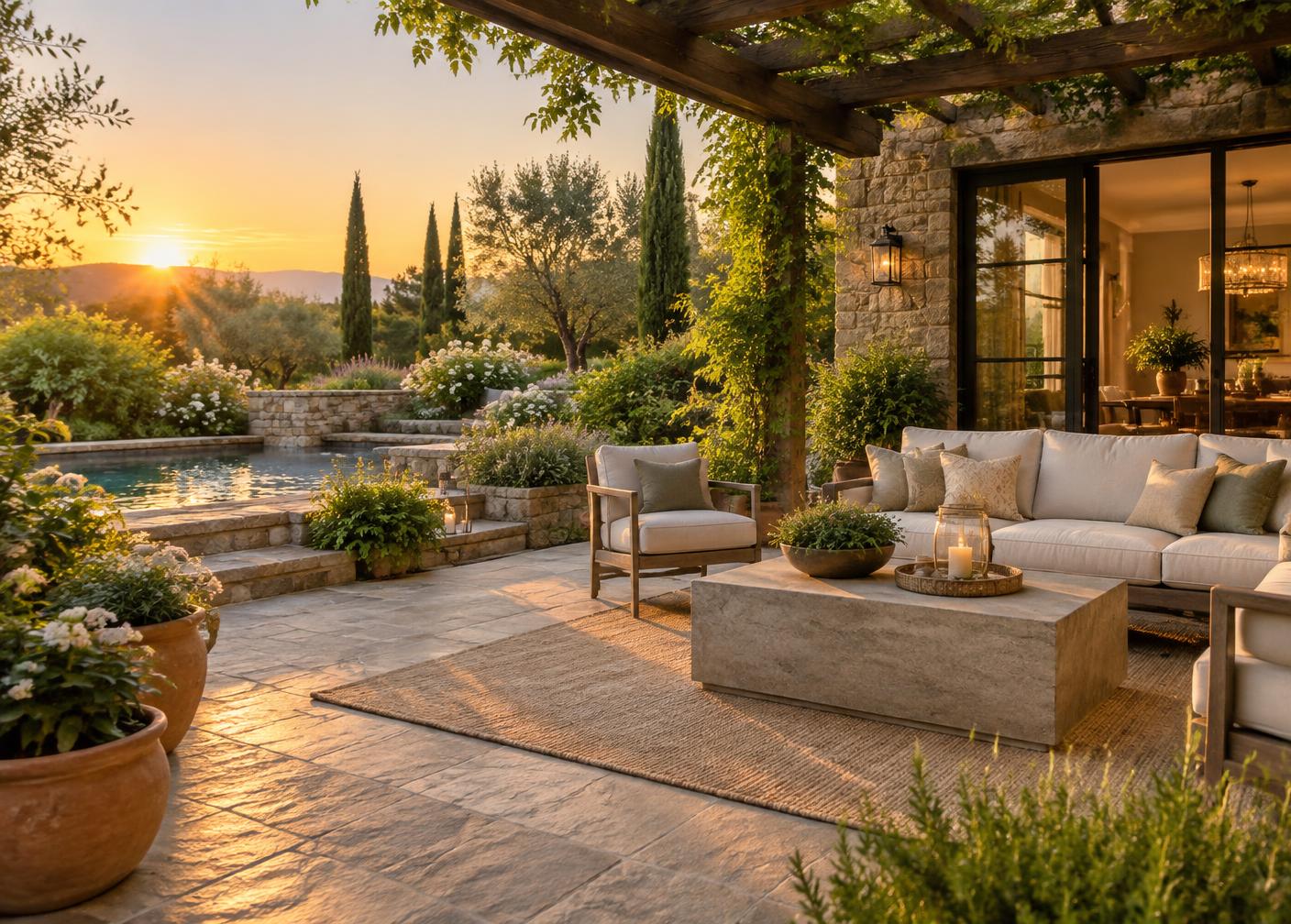 Outdoor living space with stone patio, seating and surrounding greenery